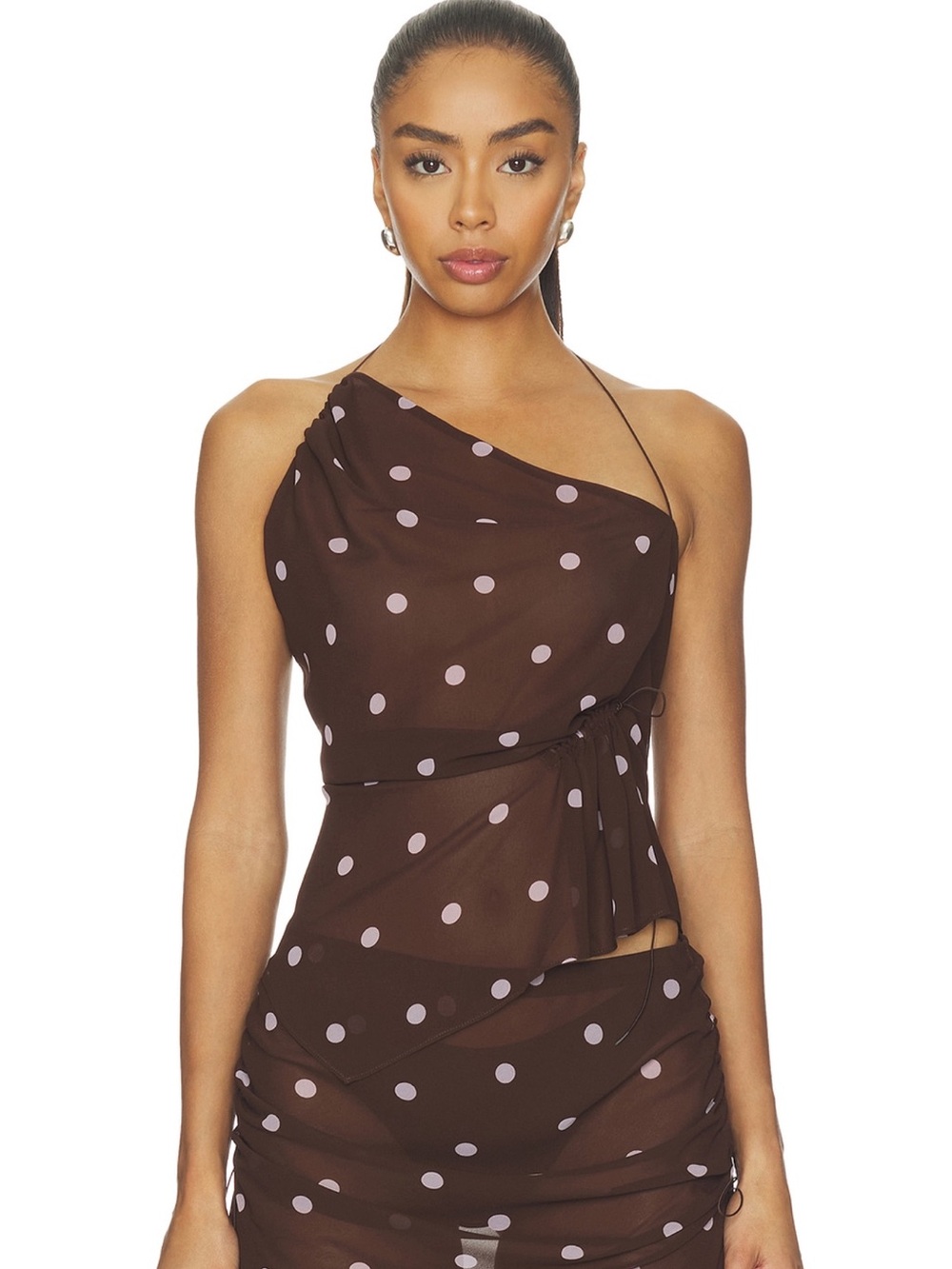 L'Academie Brown Dress with Pink Polka Dots - One-Shoulder
